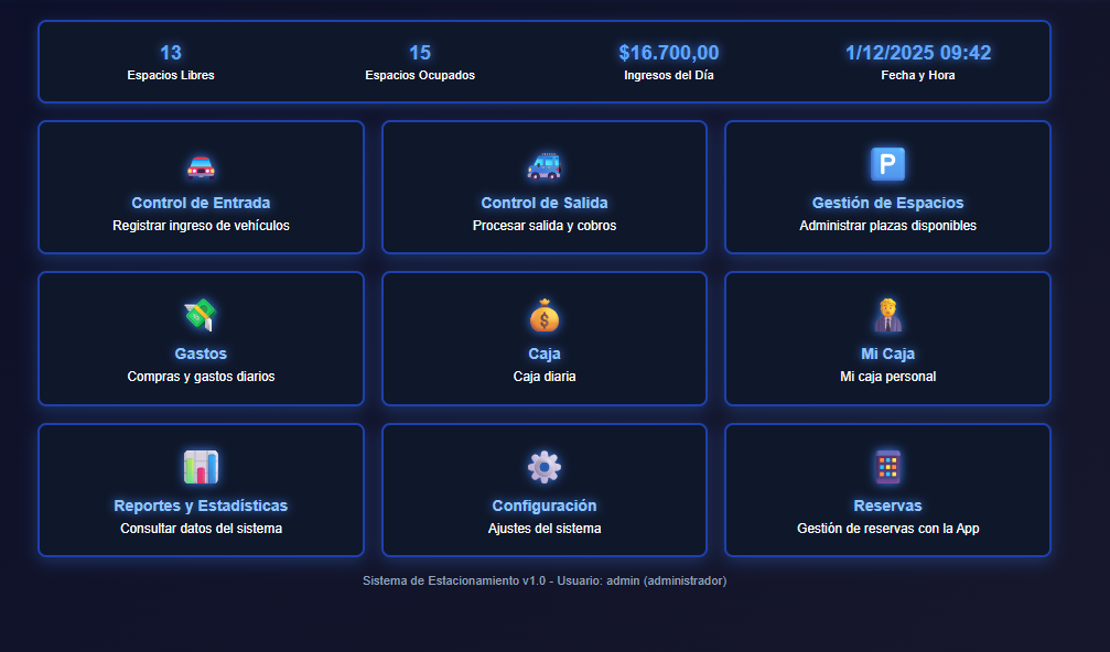 Menú principal de Parking App con 9 módulos