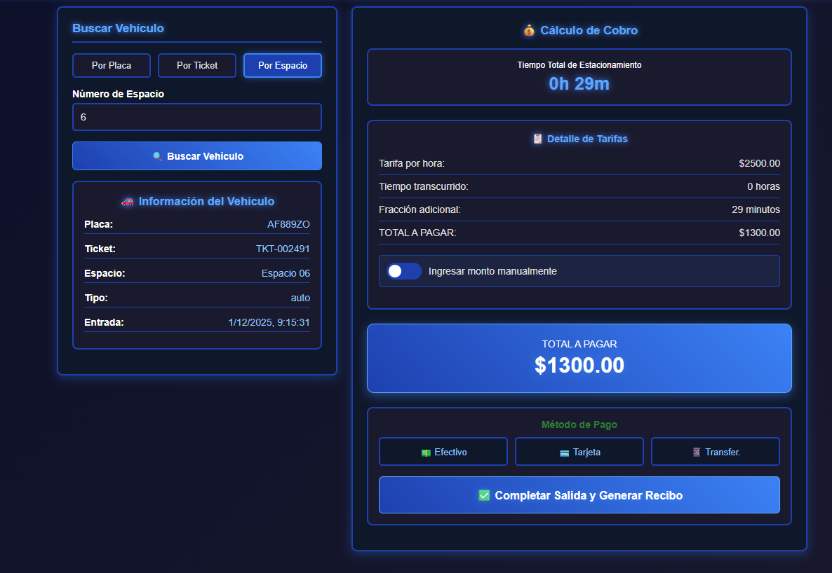 Pantalla completa de control de salida en Parking App