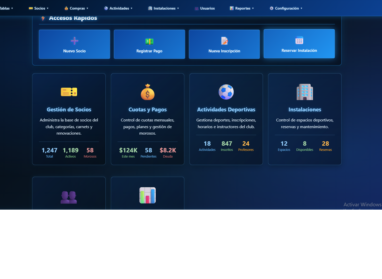 Dashboard de estadísticas de Club App mostrando métricas en tiempo real