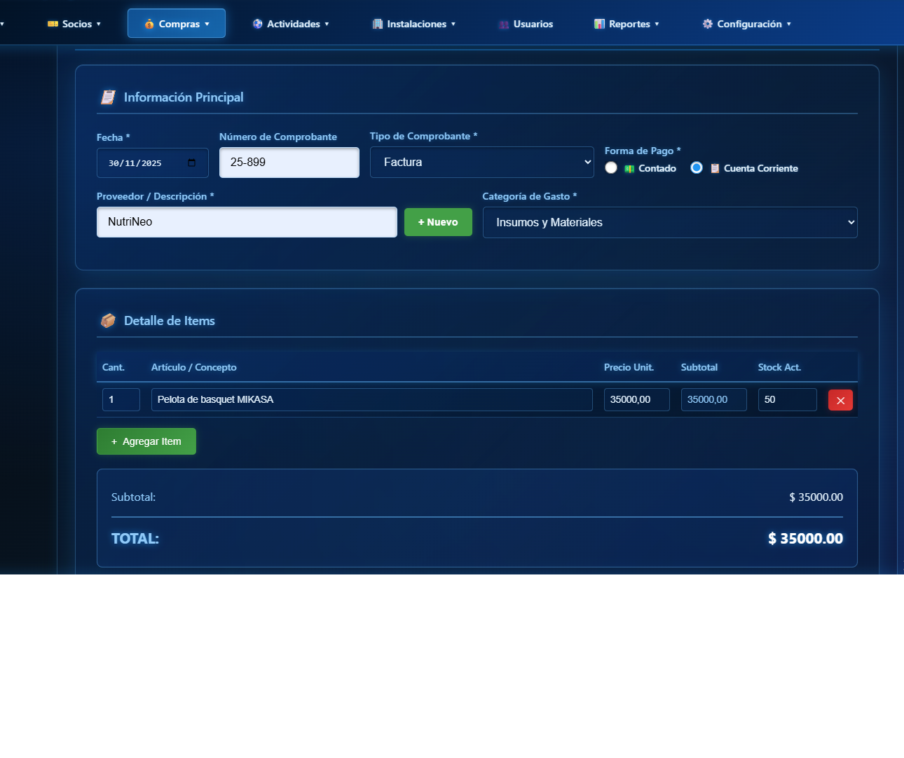 Registro de compras y gastos con detalle de ítems