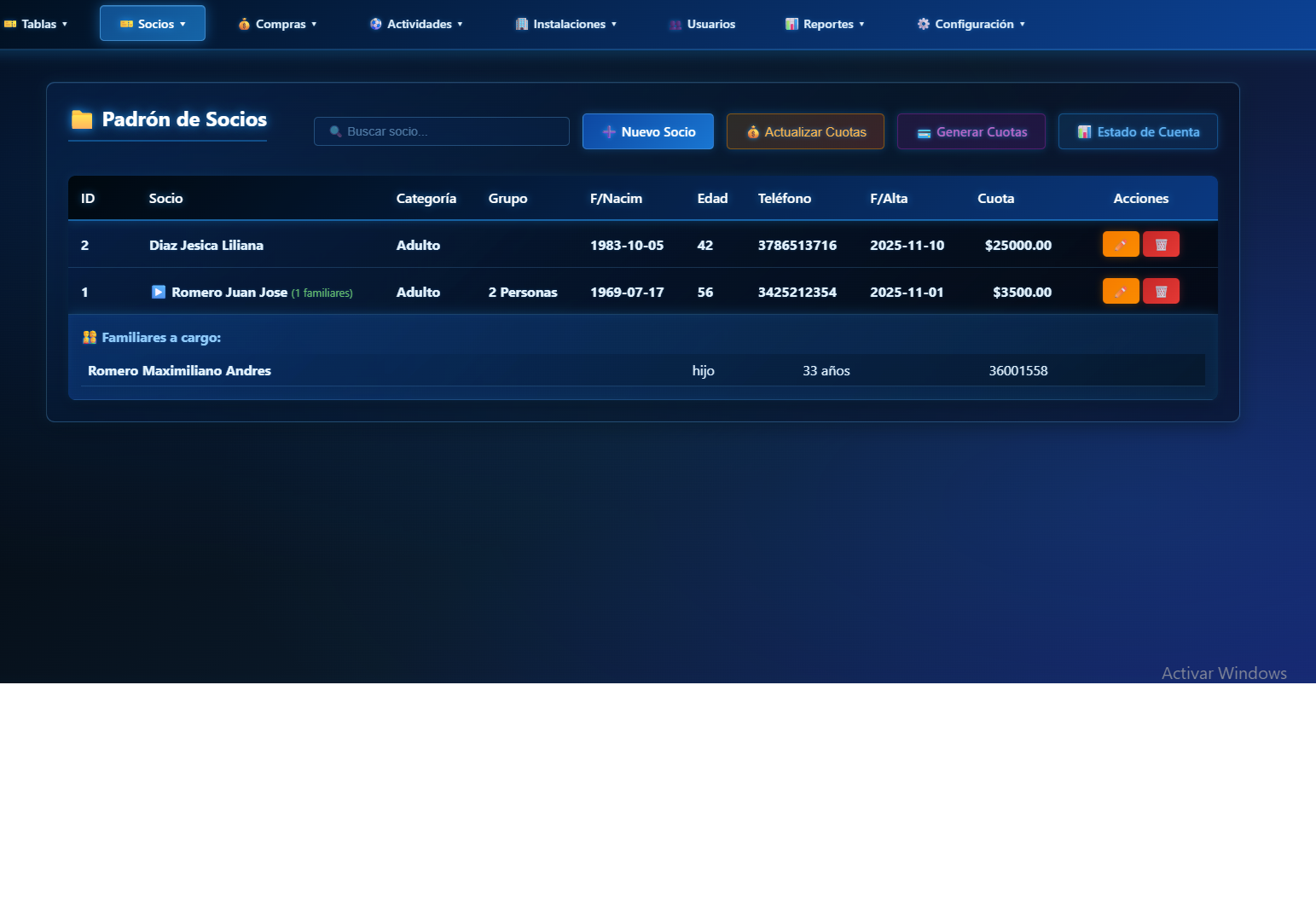 Padrón de socios con búsqueda y gestión familiar